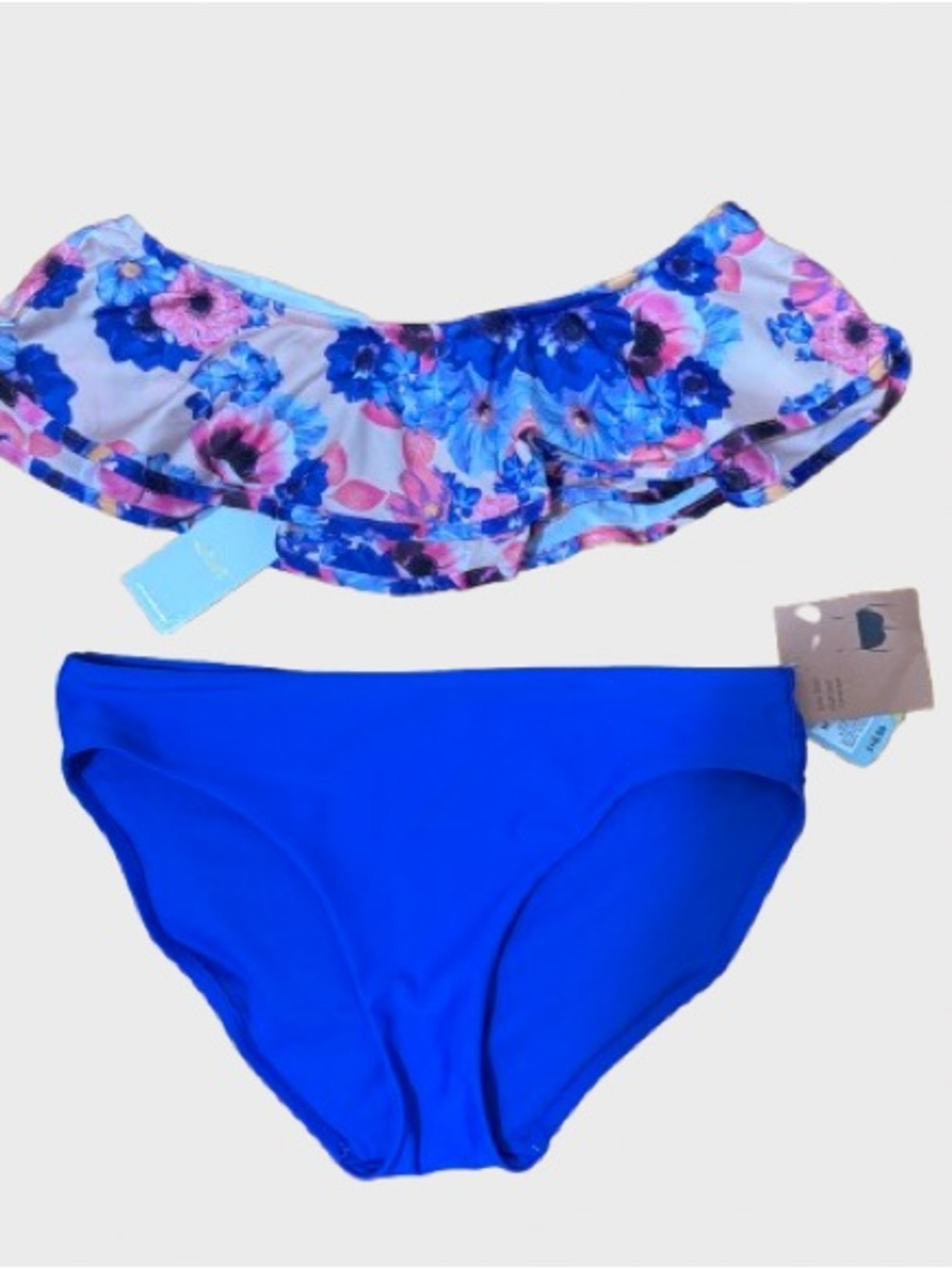 Shade & Shore Blue Bottom and ZINKE top blue and Floral Off-Shoulder Ruffle